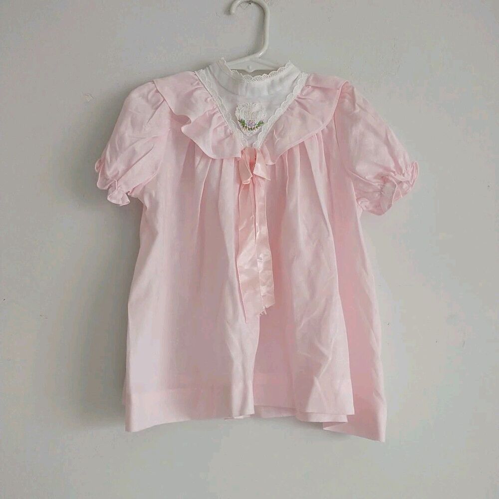 Upsy Dazy Baby Dress 2T Pink Floral Embroidery Crochet Bow Ruffle Puff Sleeve